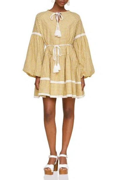 Avec Les Filles Gingham Print Long Sleeve Minidress In Yellow