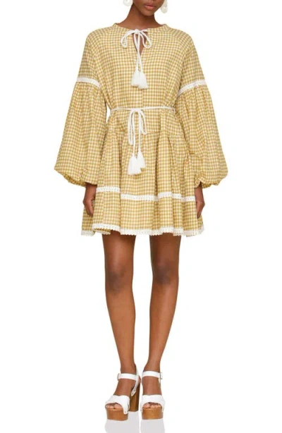 Avec Les Filles Gingham Print Long Sleeve Minidress In Olio Gingham