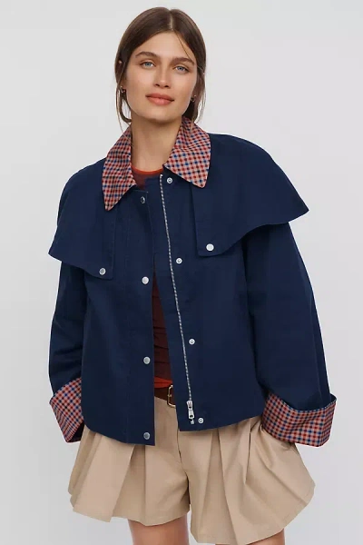 Avec Les Filles Gingham Trim Cape Jacket In Blue
