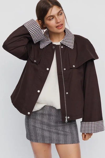 Avec Les Filles Gingham Trim Cape Jacket In Brown