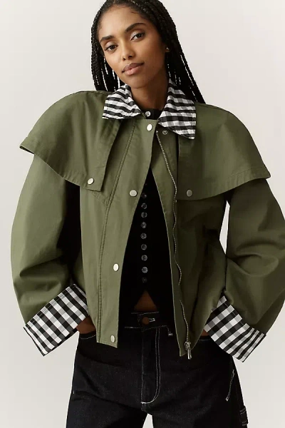 Avec Les Filles Gingham Trim Cape Jacket In Green