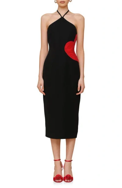 Avec Les Filles Heart Appliqué Halter Midi Dress In Black Red