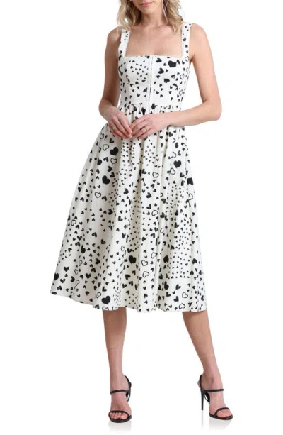 Avec Les Filles Heart Corset Midi Sundress In Black White Swirl Hearts