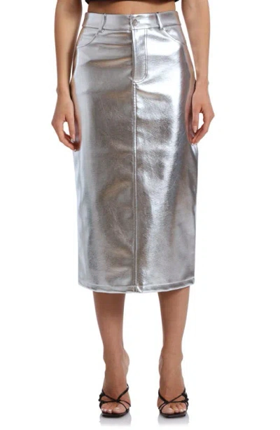 Avec Les Filles High Waist Faux Leather Midi Skirt In Silver