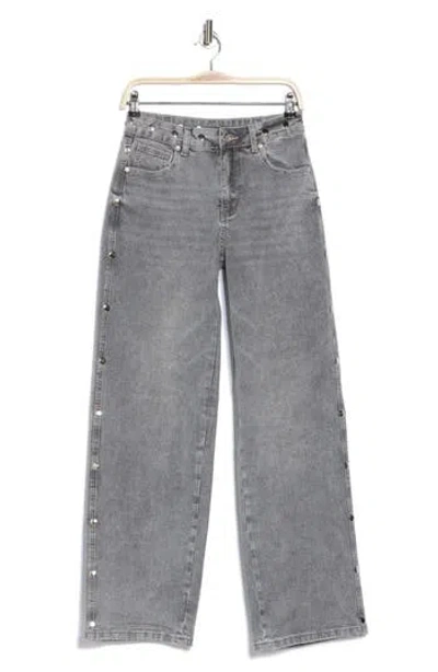 Avec Les Filles High Waist Wide Leg Studded Jeans In Light Grey Wash