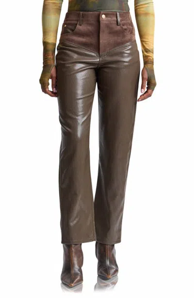Avec Les Filles High Waist Yoke Slim Faux Leather Pants In Brown