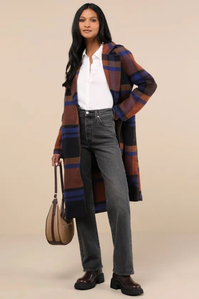 Avec Les Filles Ideal Weather Brown And Blue Plaid Coat