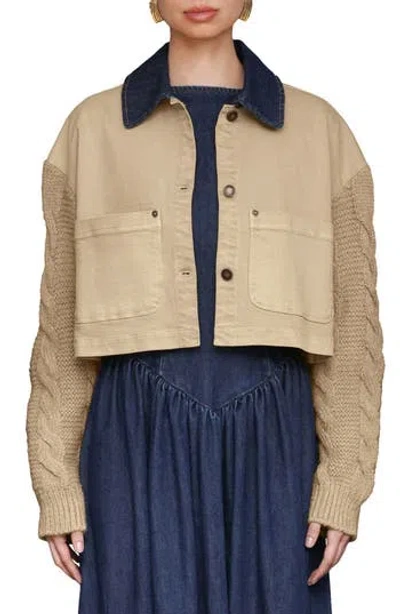 Avec Les Filles Knit Sleeve Crop Chore Jacket In Brown
