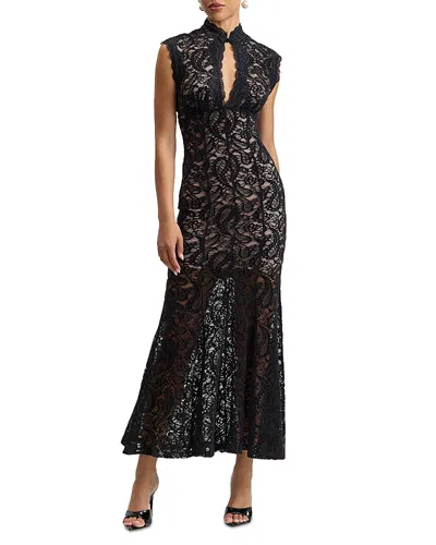 Avec Les Filles Lace Mandarin Collar Keyhole Maxi Dress In Black