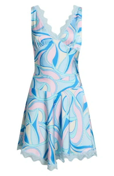 Avec Les Filles Lace Trim Bias Cut Satin Minidress In Blue