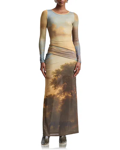 Avec Les Filles Landscape Mural Shirred Waist Maxi Dress In Multi