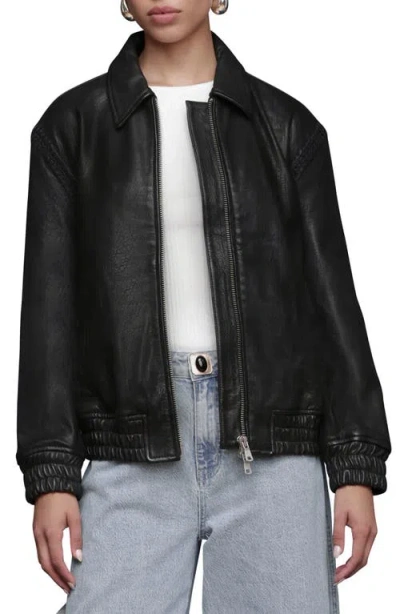Avec Les Filles Leather Bomber Jacket With Embroidered Trim In Black