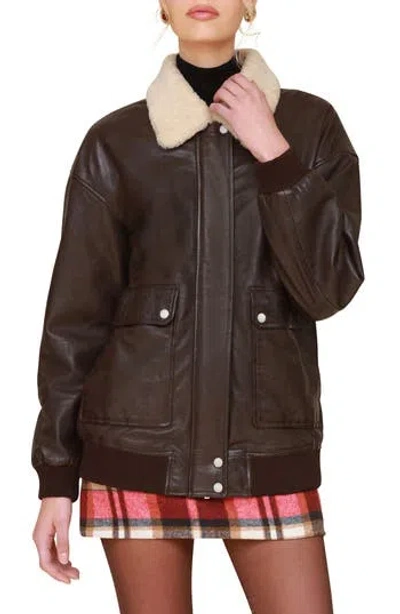 Avec Les Filles Leather Bomber Jacket With Genuine Shearling Collar In Burgundy