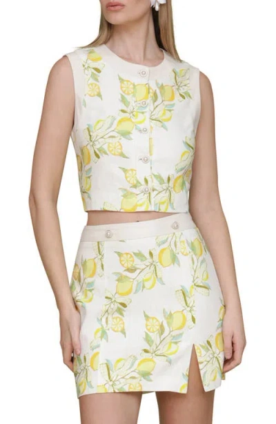 Avec Les Filles Lemon Print Linen Blend Crop Vest In Lemon Vine