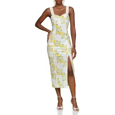Avec Les Filles Lemon Print Stretch Cotton Dress In Lemon Vine