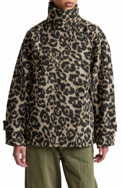 Avec Les Filles Leopard Print Funnel Neck Cocoon Coat In Animal Print