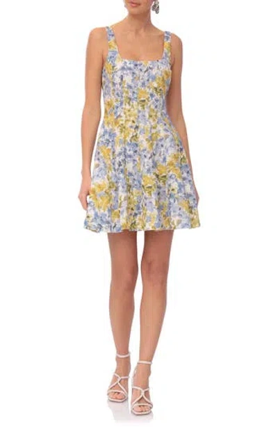 Avec Les Filles Linen Blend Fit & Flare Minidress In Pansy Floral