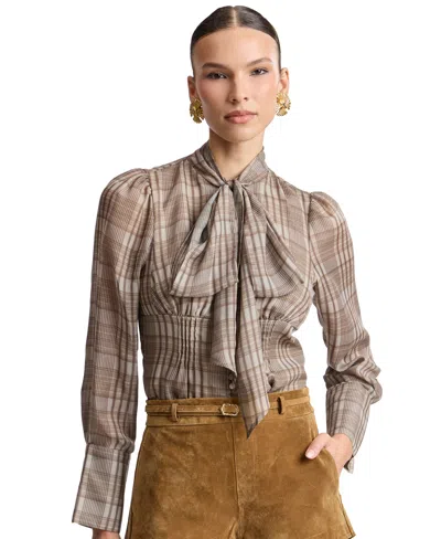Avec Les Filles Long Puff-sleeve Scarf Neck Top In Natural Plaid Multi