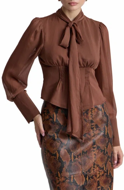 Avec Les Filles Long Sleeve Bow Tie Crinkle Crepe Top In Brown