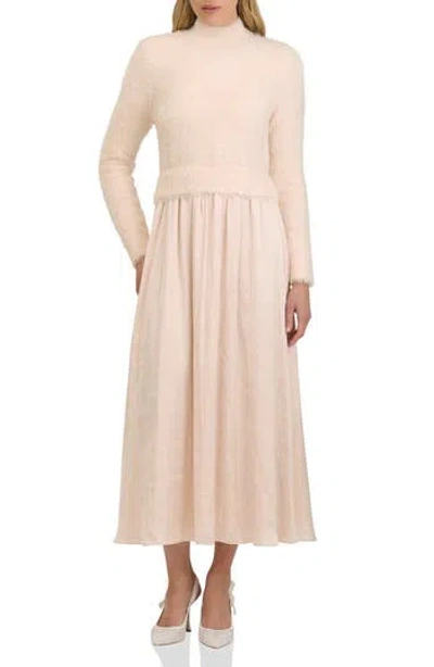 Avec Les Filles Long Sleeve Mixed Media Maxi Dress In Neutral