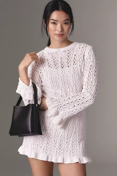 Avec Les Filles Long-sleeve Ruffle-edge Sweater Mini Dress In White