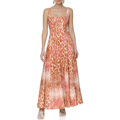 Avec Les Filles Mixed Animal Print Paneled Linen Blend Maxi Dress In Orange