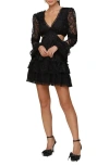 Avec Les Filles Mixed Lace Long Sleeve Tiered Minidress In Black