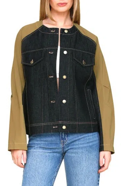 Avec Les Filles Mixed Media Denim Bomber Jacket In Indigo Olive