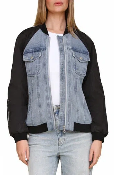 Avec Les Filles Mixed Media Denim Bomber Jacket In Light Blue Wash Navy