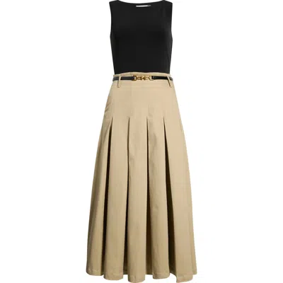 Avec Les Filles Mixed Media Pleated Dress In Black