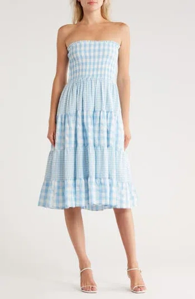 Avec Les Filles Mixed Print Tiered Cotton Gingham Maxi Skirt In Blue