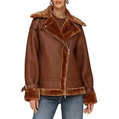 Avec Les Filles Moto Coat Women's Brown Leather Oversized Faux Shearling Frog597