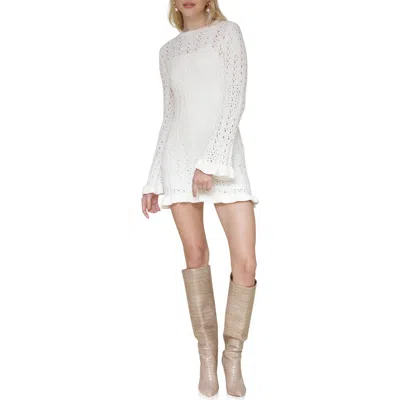 Avec Les Filles Open Stitch Long Sleeve Cotton Mini Sweater Dress In Ivory