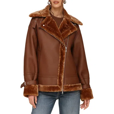Avec Les Filles Oversize Faux Shearling Moto Jacket In Luggage