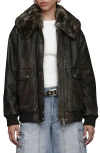 Avec Les Filles Oversize Leather Bomber Jacket With Genuine Shearling Collar In Black