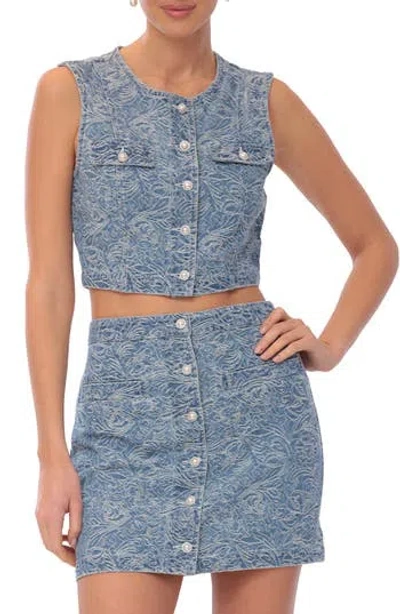Avec Les Filles Paisley Jacquard Denim Vest In Blue