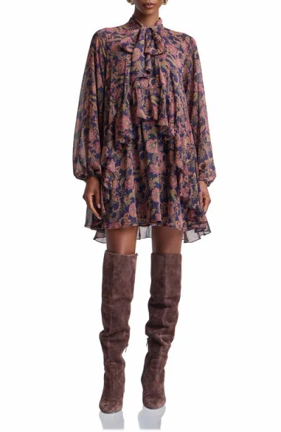 Avec Les Filles Paisley Print Long Sleeve Chiffon Tie Neck Dress In Multi
