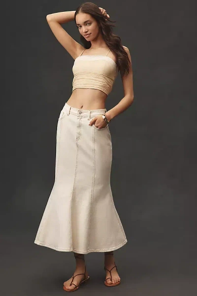 Avec Les Filles Paneled Flare Denim Midi Skirt In White
