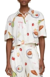 Avec Les Filles Party Print Crop Button-up Shirt In Ivory Tabletop Print