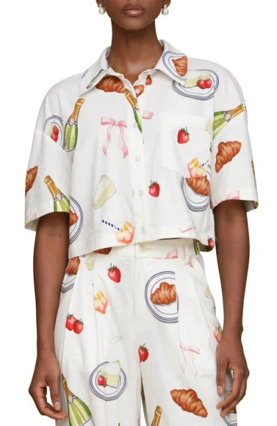 Avec Les Filles Party Print Crop Button-up Shirt In Ivory Tabletop Print