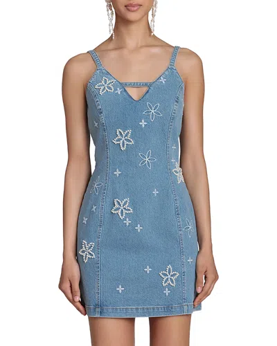 Avec Les Filles Pearl Fleur Embellished Stretch Denim Mini Dress In Blue