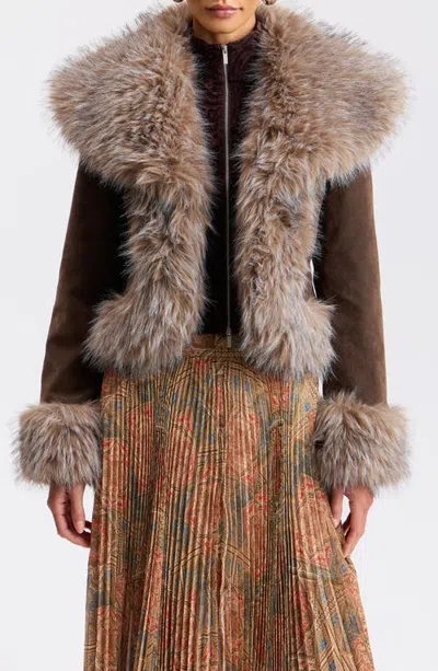 Avec Les Filles Penny Lane Faux Leather Jacket With Faux Fur Trim In Brown