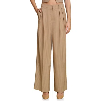 Avec Les Filles Pinstripe High Waist Wide Leg Pleat Front Pants In Brown