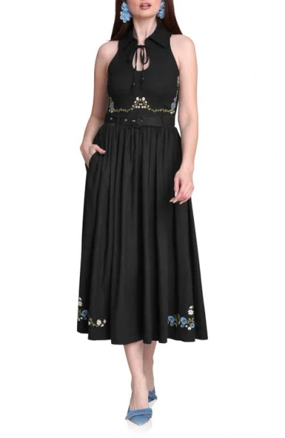 Avec Les Filles Placed Floral Embroidery Dress In Black