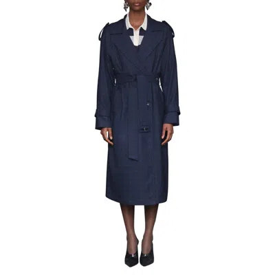 Avec Les Filles Plaid Double Breasted Belted Trench Coat In Blue