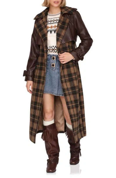 Avec Les Filles Plaid Faux Leather Trim Double Breasted Coat In Brown