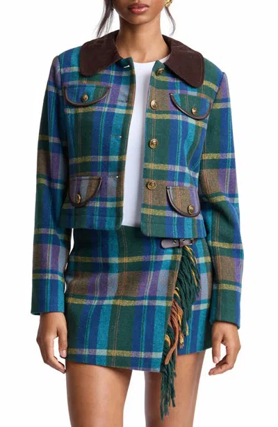Avec Les Filles Plaid Jacket With Faux Leather Trim In Green
