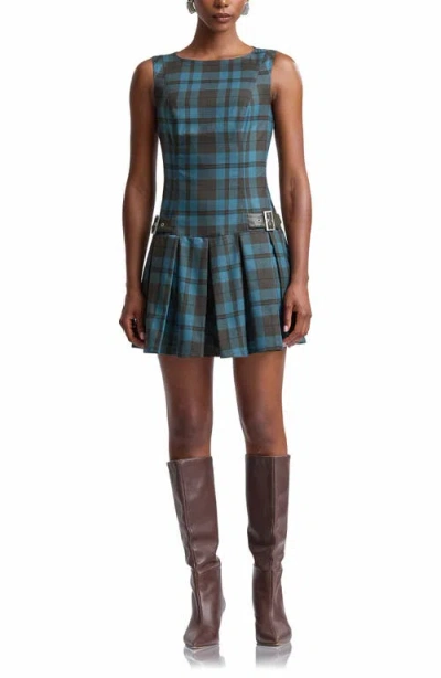 Avec Les Filles Plaid Pleated Stretch Minidress In Deep Teal Plaid