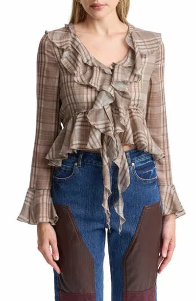 Avec Les Filles Plaid Ruffle Blouse In Natural Plaid