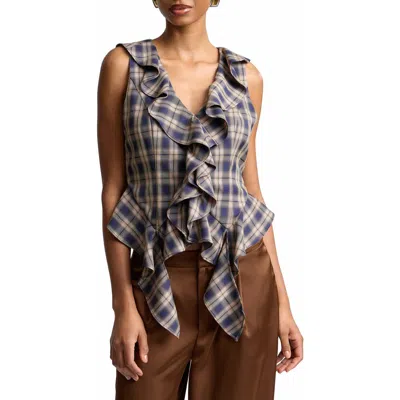 Avec Les Filles Plaid Ruffle Sleeveless Top In Twilight Plaid